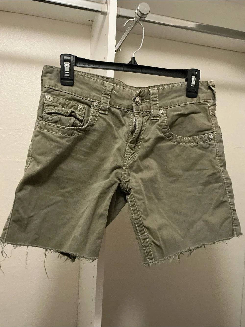 True Religion Olive Cutoff Bermuda Shorts